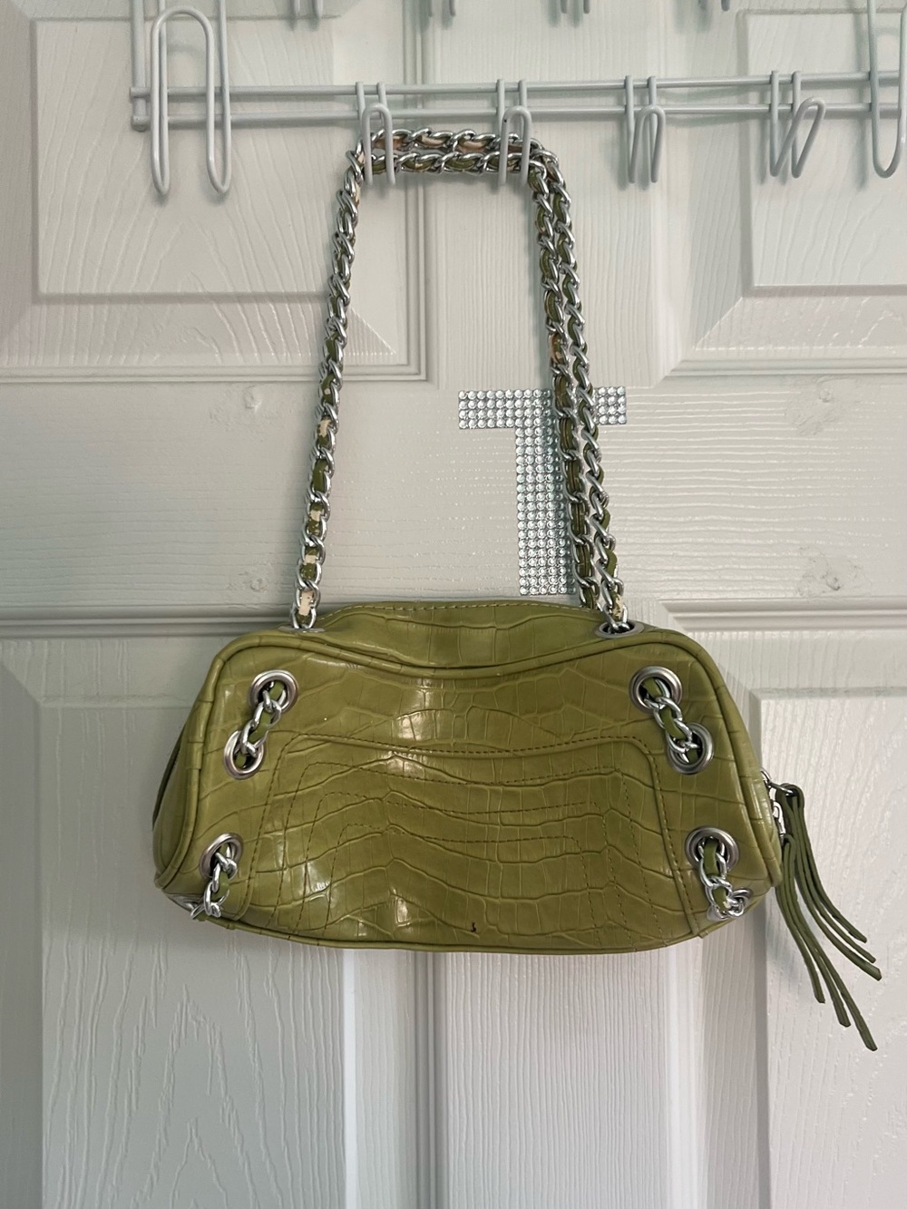 Olive Green Croc-Embossed Chain Shoulder Bag